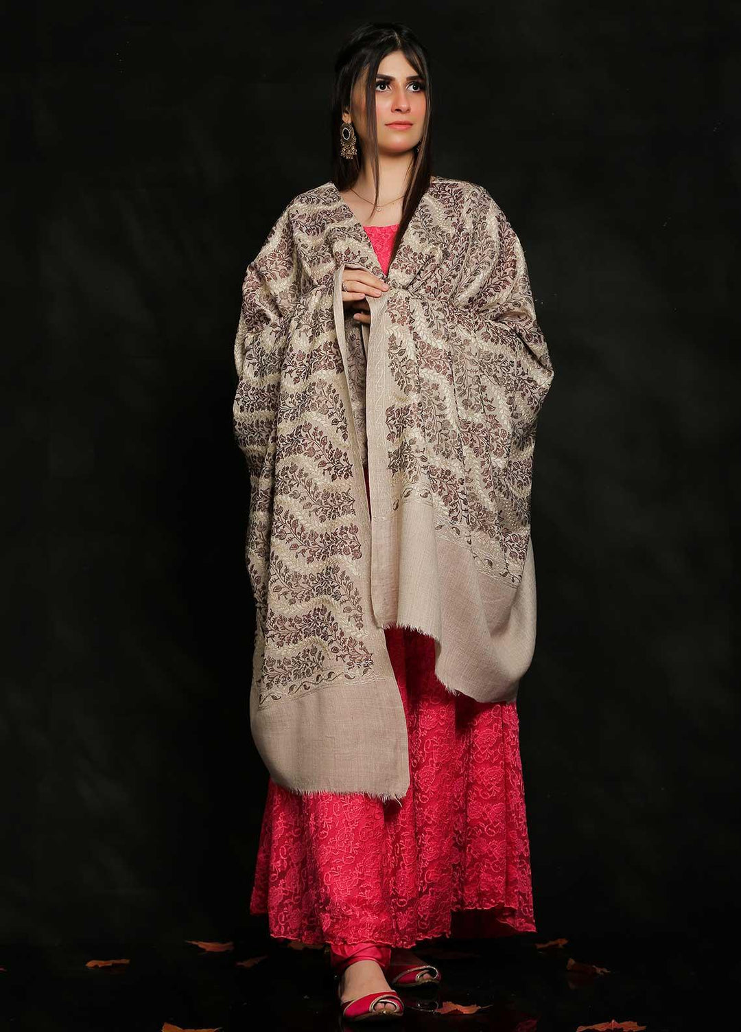 Sanaulla Exclusive Range Embroidered Pashmina  Shawl AKP-31 Fawn-4 - Pashmina Shawls