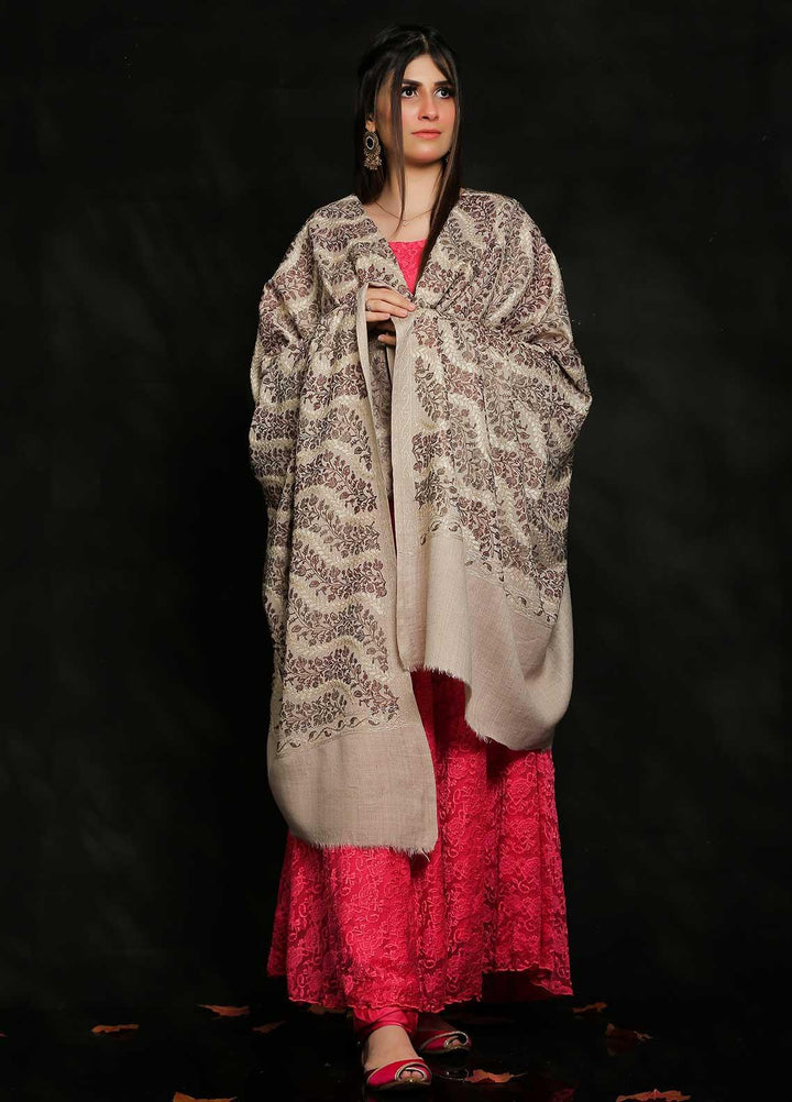 Sanaulla Exclusive Range Embroidered Pashmina  Shawl AKP-31 Fawn-4 - Pashmina Shawls