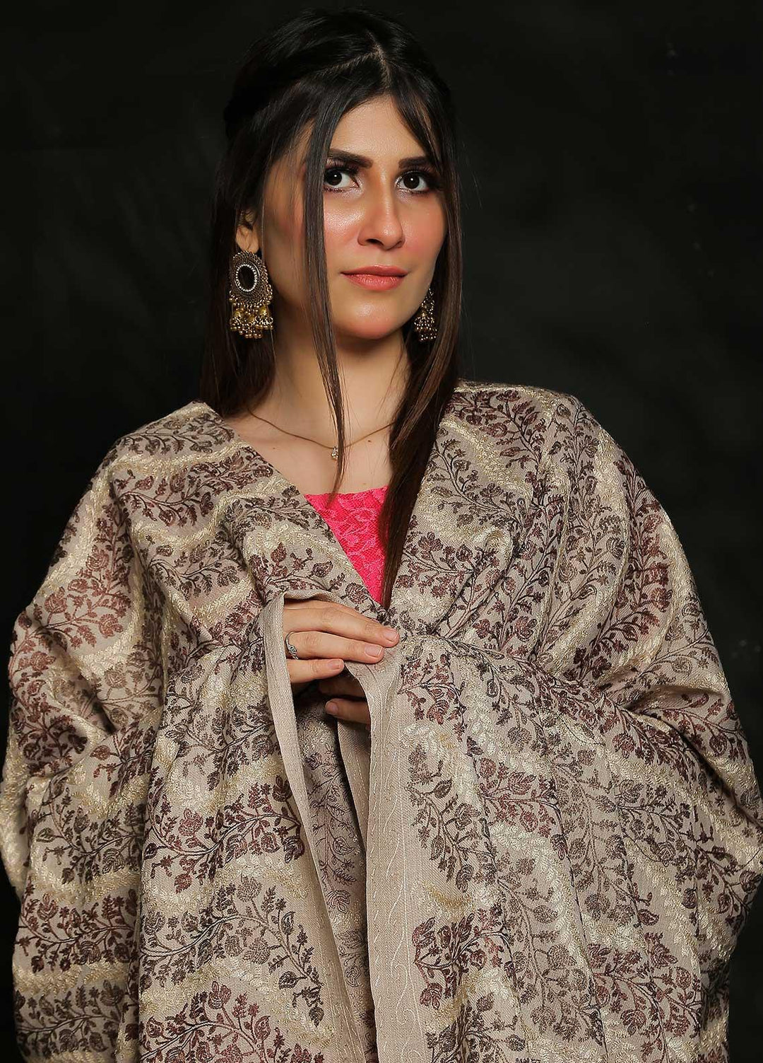 Sanaulla Exclusive Range Embroidered Pashmina  Shawl AKP-31 Fawn-4 - Pashmina Shawls