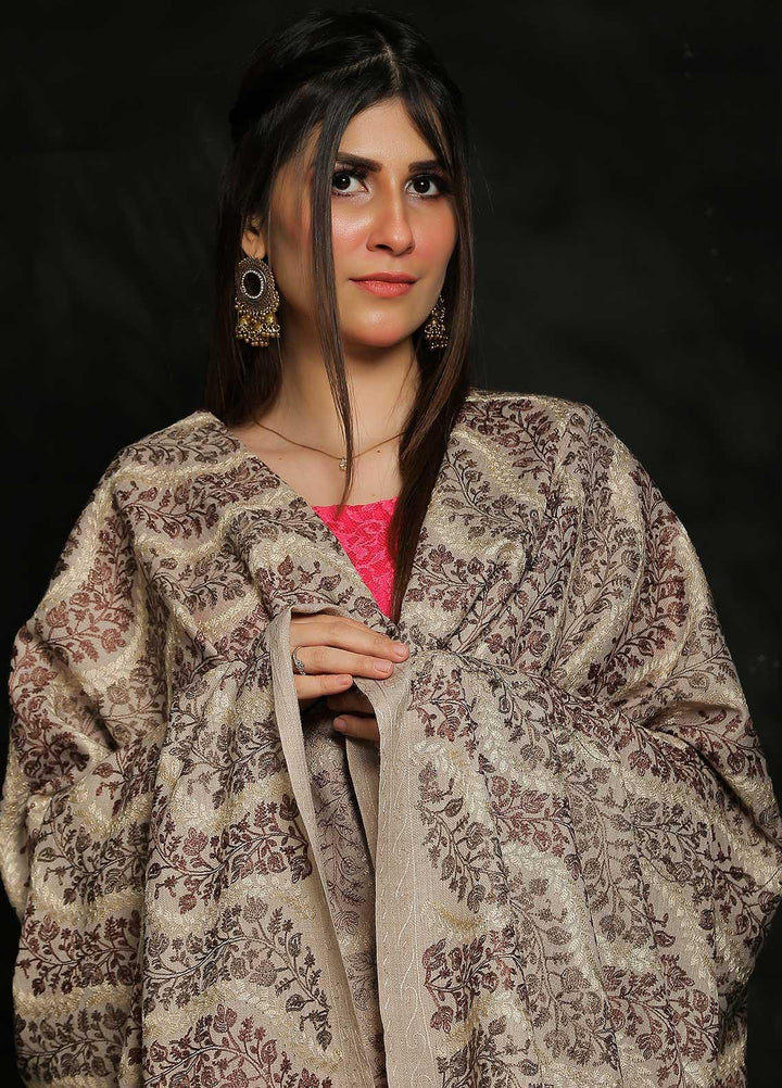 Sanaulla Exclusive Range Embroidered Pashmina  Shawl AKP-31 Fawn-4 - Pashmina Shawls