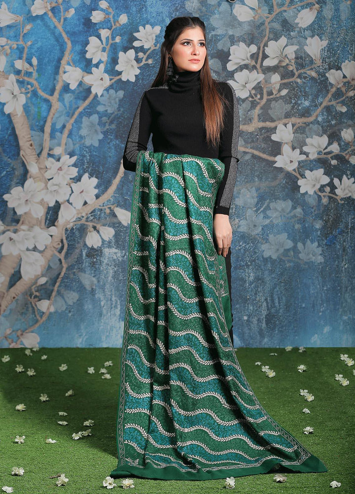 Sanaulla Exclusive Range Embroidered Pashmina  Shawl AKP-31 Green - Pashmina Shawls