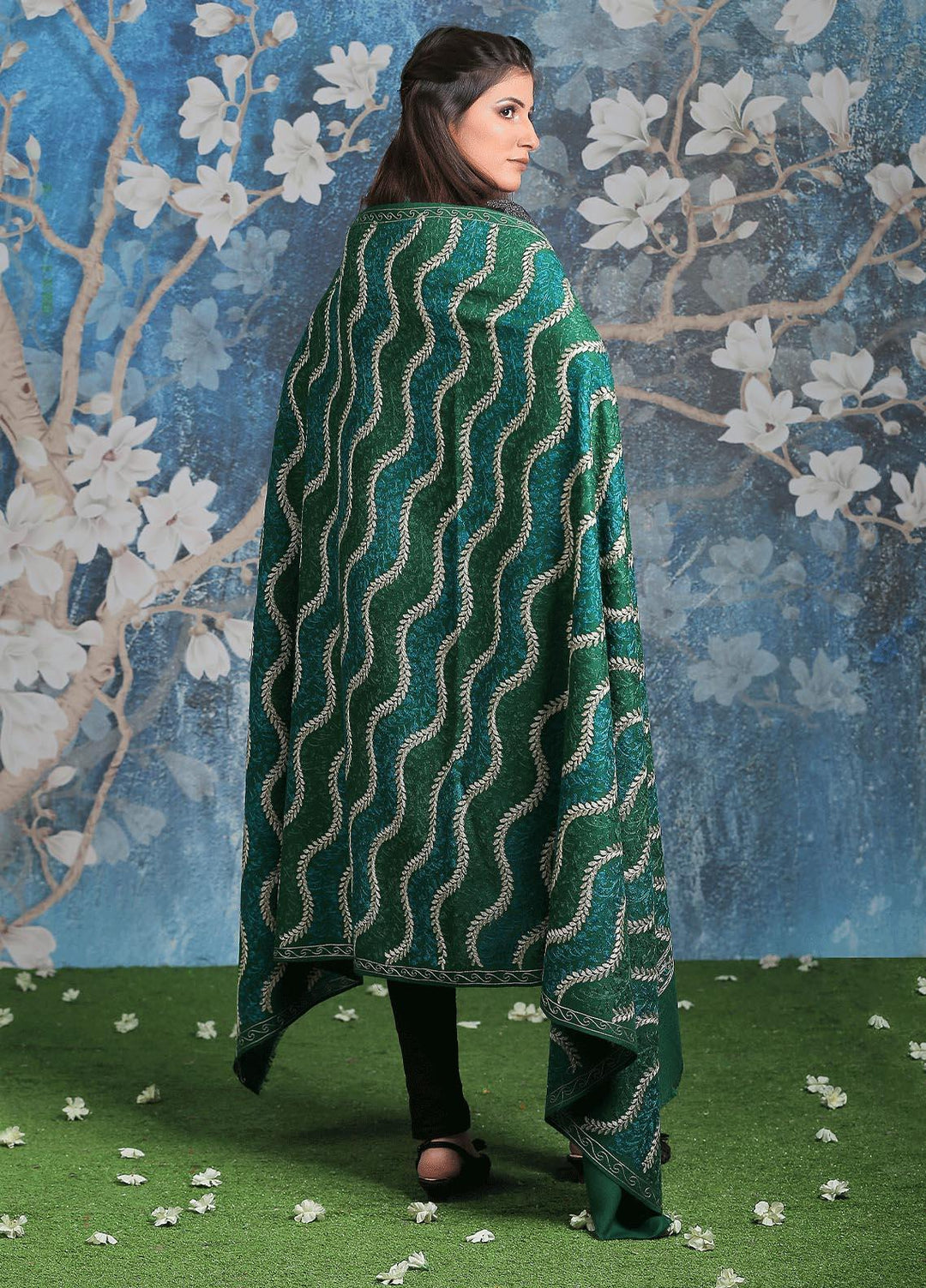 Sanaulla Exclusive Range Embroidered Pashmina  Shawl AKP-31 Green - Pashmina Shawls