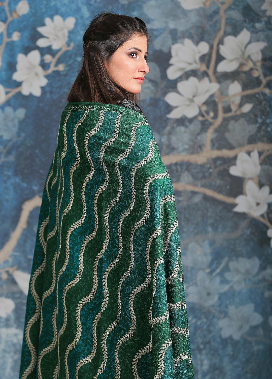 Sanaulla Exclusive Range Embroidered Pashmina  Shawl AKP-31 Green - Pashmina Shawls