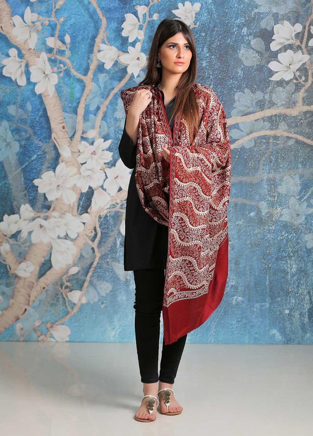 Sanaulla Exclusive Range Embroidered Pashmina  Shawl SU21PP AKP-31 Maroon - Pure Pashmina Shawls