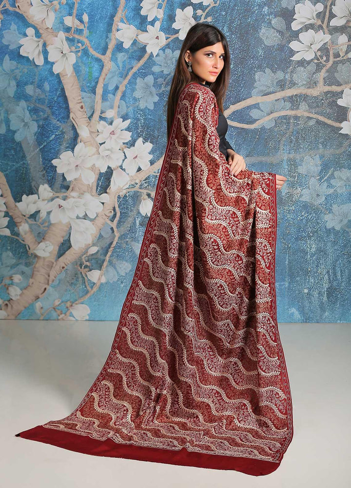 Sanaulla Exclusive Range Embroidered Pashmina  Shawl SU21PP AKP-31 Maroon - Pure Pashmina Shawls