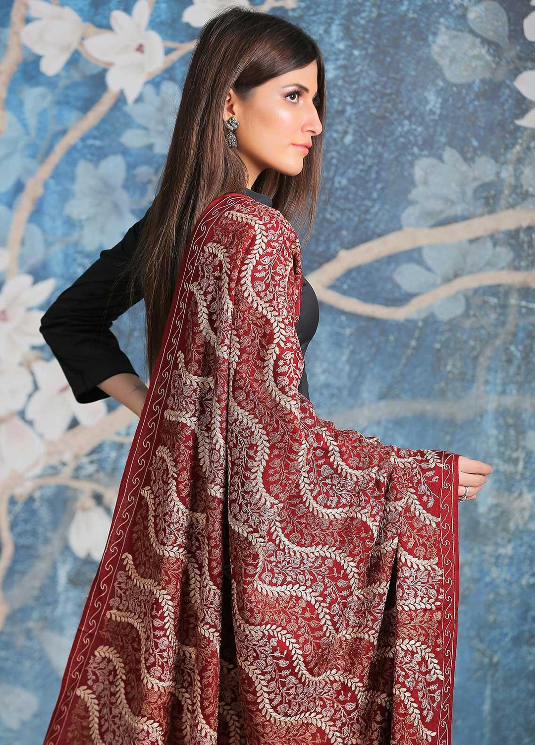 Sanaulla Exclusive Range Embroidered Pashmina  Shawl SU21PP AKP-31 Maroon - Pure Pashmina Shawls