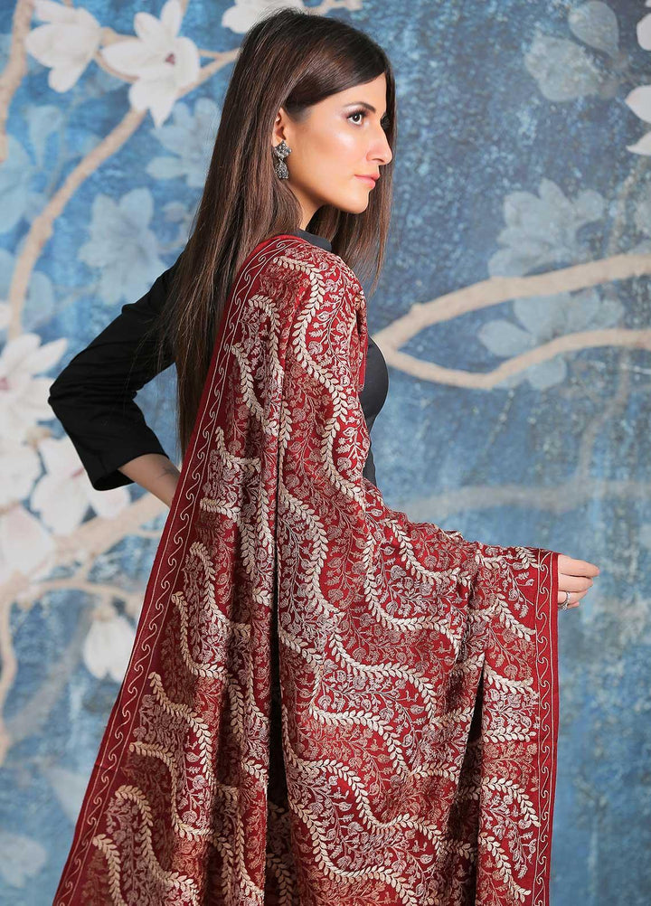 Sanaulla Exclusive Range Embroidered Pashmina  Shawl SU21PP AKP-31 Maroon - Pure Pashmina Shawls