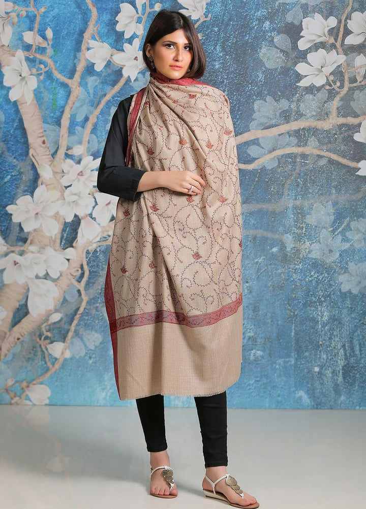 Sanaulla Exclusive Range Embroidered Pashmina  Shawl SU21PP AKP-32 Fawn-8 - Pure Pashmina Shawls