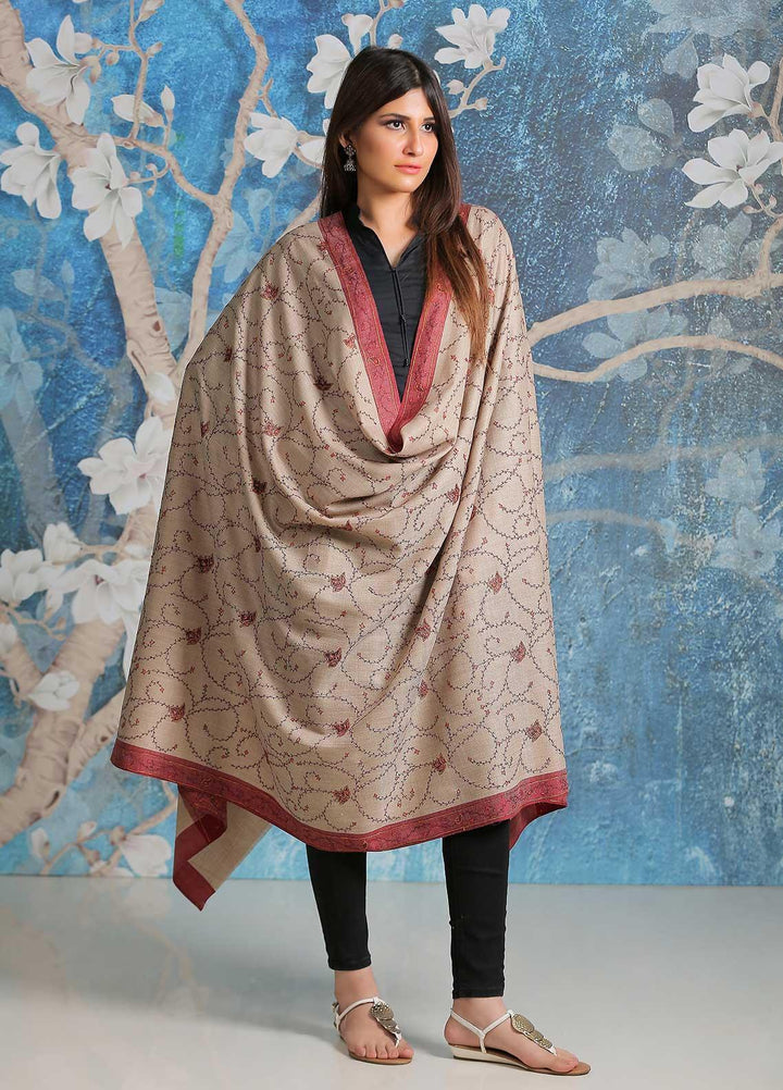 Sanaulla Exclusive Range Embroidered Pashmina  Shawl SU21PP AKP-32 Fawn-8 - Pure Pashmina Shawls