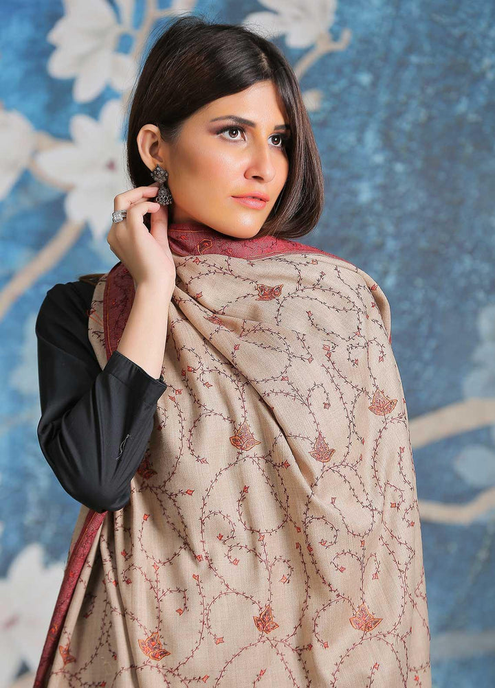 Sanaulla Exclusive Range Embroidered Pashmina  Shawl SU21PP AKP-32 Fawn-8 - Pure Pashmina Shawls