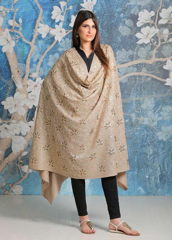Sanaulla Exclusive Range Embroidered Pashmina  Shawl SU21PP AKP-33 Fawn - Pure Pashmina Shawls