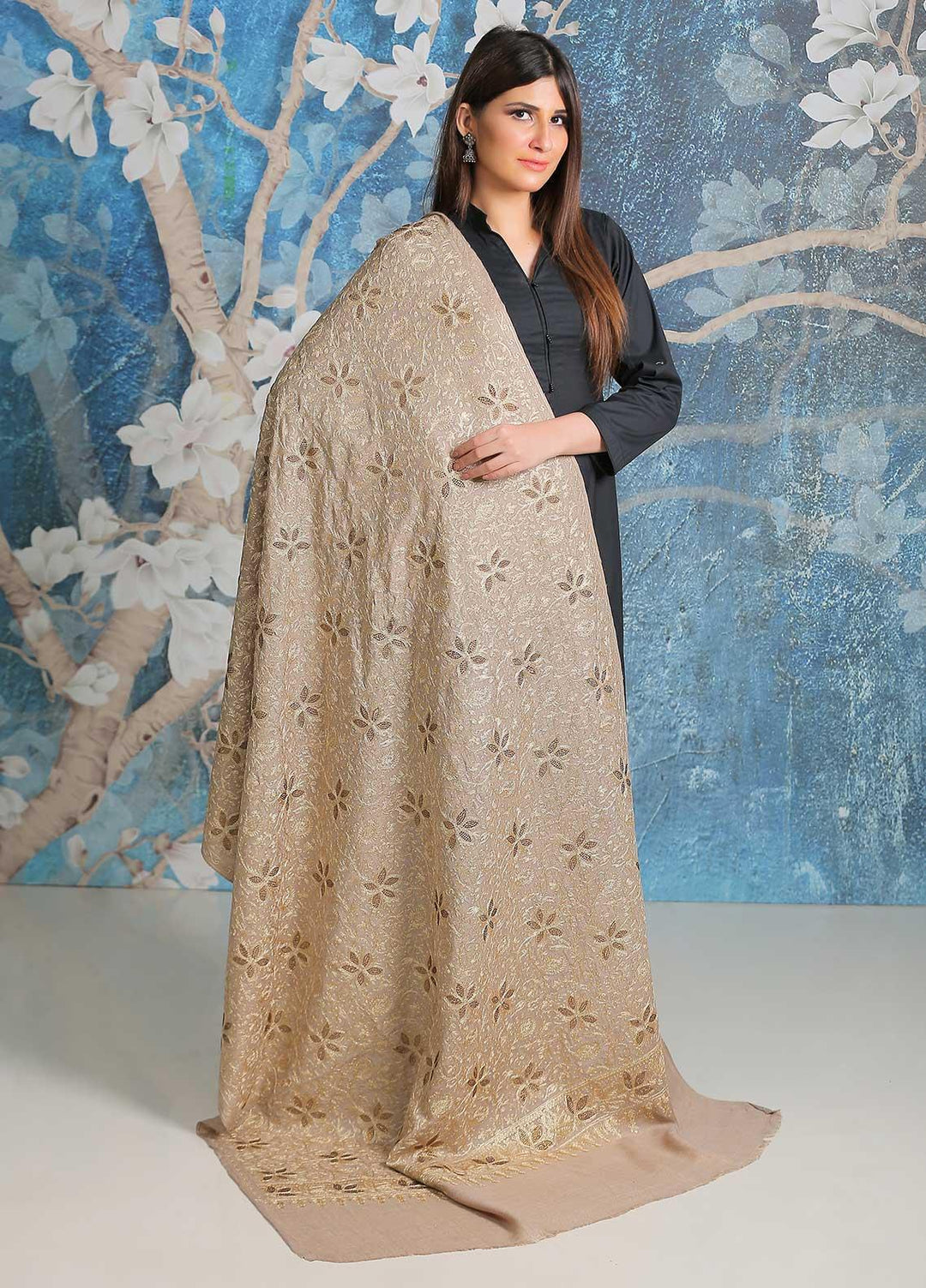 Sanaulla Exclusive Range Embroidered Pashmina  Shawl SU21PP AKP-33 Fawn - Pure Pashmina Shawls