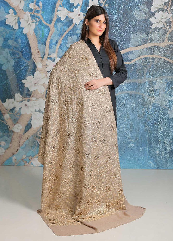 Sanaulla Exclusive Range Embroidered Pashmina  Shawl SU21PP AKP-33 Fawn - Pure Pashmina Shawls