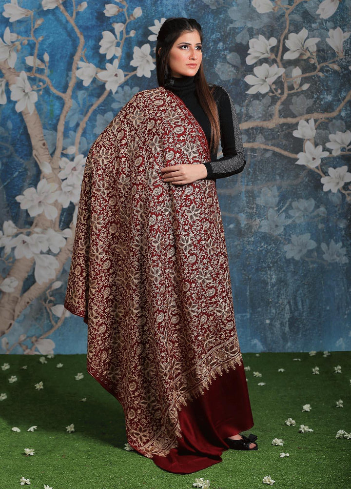 Sanaulla Exclusive Range Embroidered Pashmina  Shawl AKP-33 Maroon - Pashmina Shawls