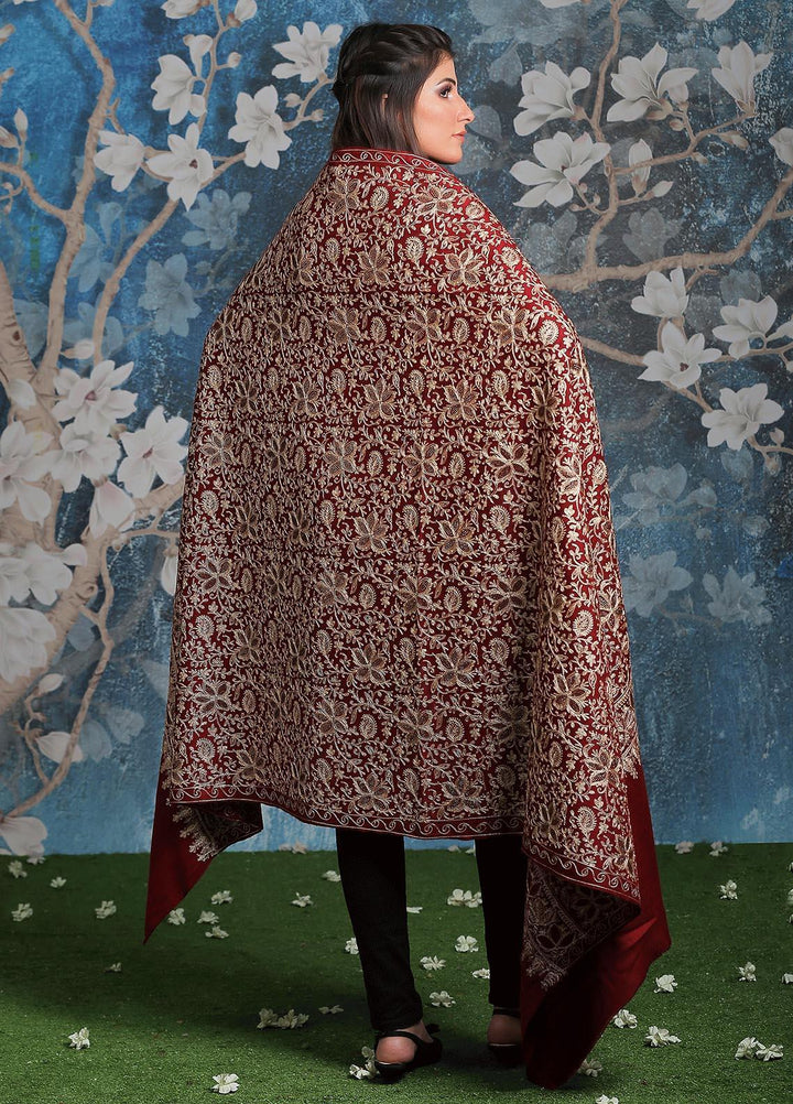 Sanaulla Exclusive Range Embroidered Pashmina  Shawl AKP-33 Maroon - Pashmina Shawls