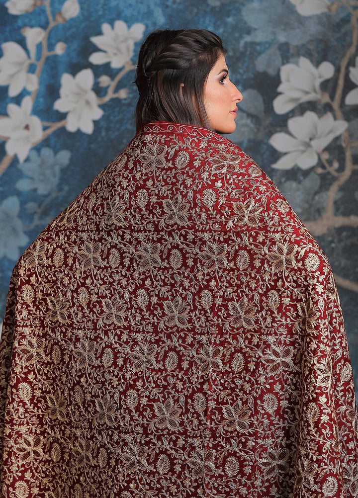Sanaulla Exclusive Range Embroidered Pashmina  Shawl AKP-33 Maroon - Pashmina Shawls