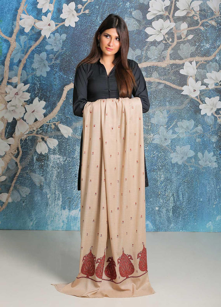 Sanaulla Exclusive Range Embroidered Pashmina  Shawl SU21PP AKP-34 Fawn-10 - Pure Pashmina Shawls