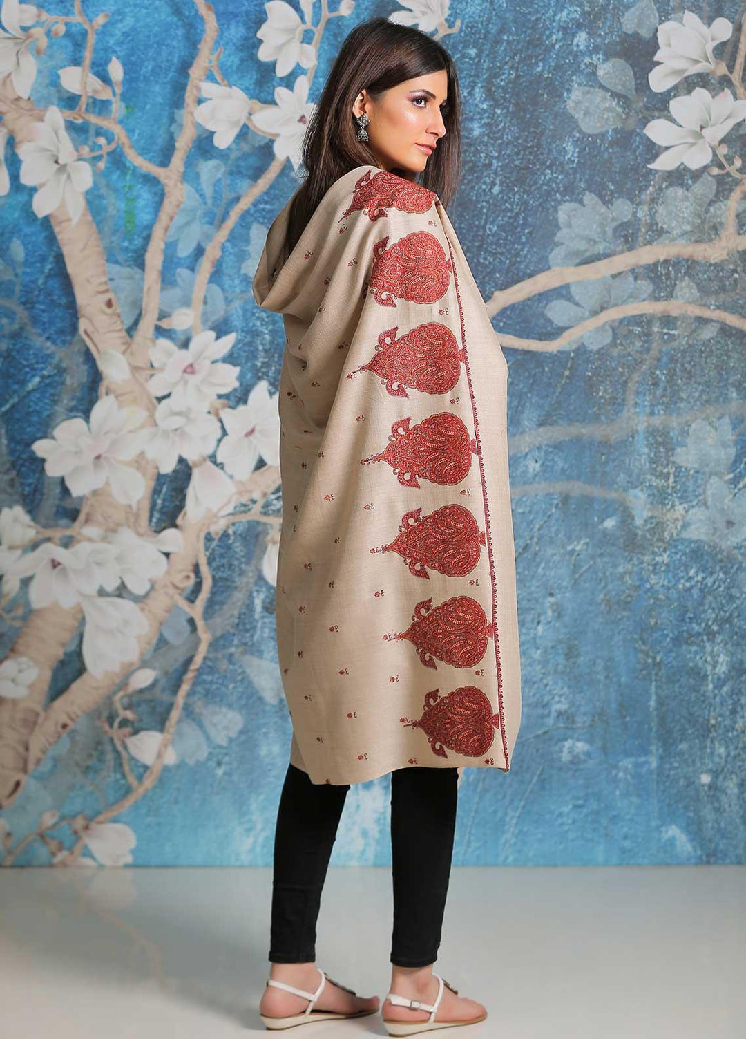 Sanaulla Exclusive Range Embroidered Pashmina  Shawl SU21PP AKP-34 Fawn-10 - Pure Pashmina Shawls