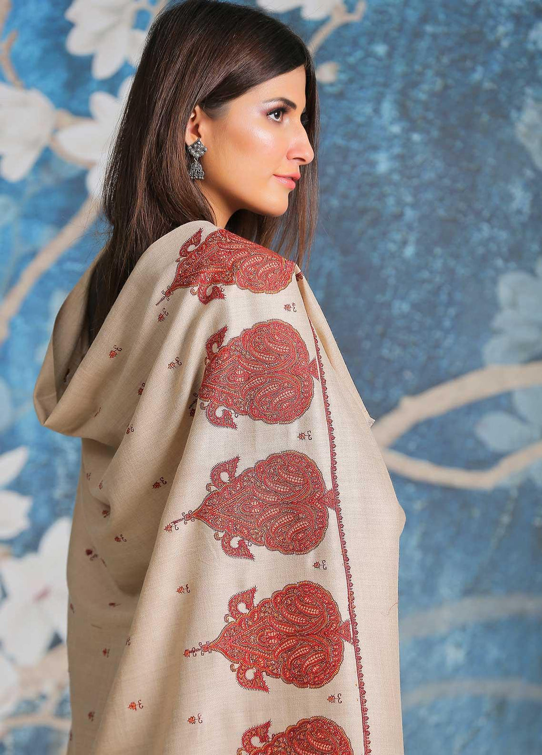 Sanaulla Exclusive Range Embroidered Pashmina  Shawl SU21PP AKP-34 Fawn-10 - Pure Pashmina Shawls