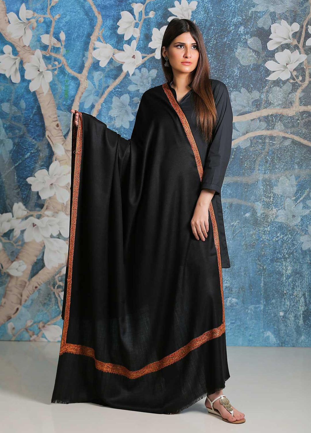 Sanaulla Exclusive Range  Pashmina  Shawl SU21PP AKP-35 Black - Pure Pashmina Shawls
