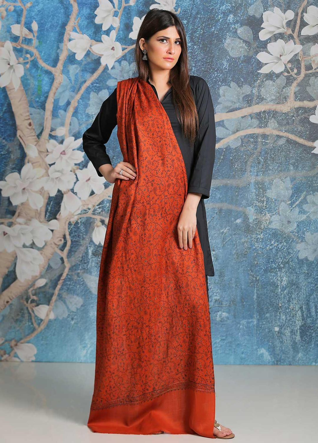 Sanaulla Exclusive Range Embroidered Pashmina  Shawl SU21PP AKP-37 Orange - Pure Pashmina Shawls