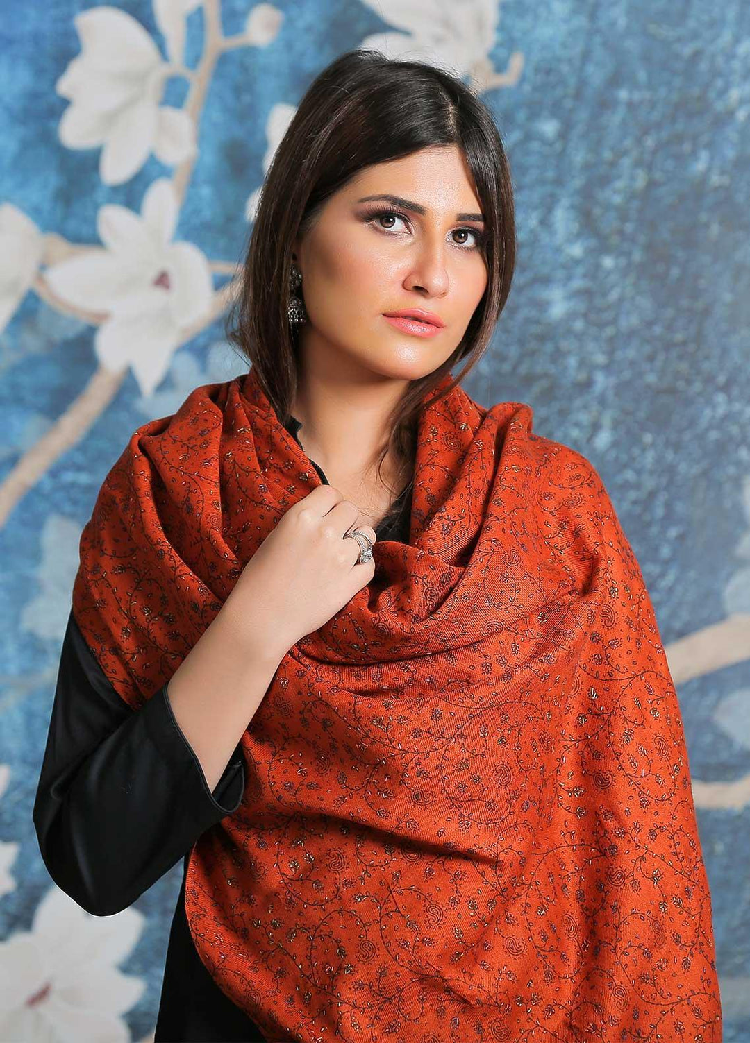 Sanaulla Exclusive Range Embroidered Pashmina  Shawl SU21PP AKP-37 Orange - Pure Pashmina Shawls