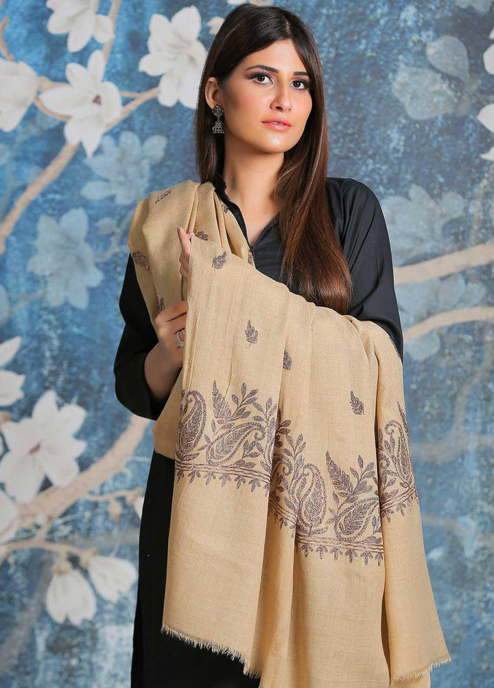 Sanaulla Exclusive Range Embroidered Pashmina  Shawl SU21PP AKP-38 Brown-1 - Pure Pashmina Shawls