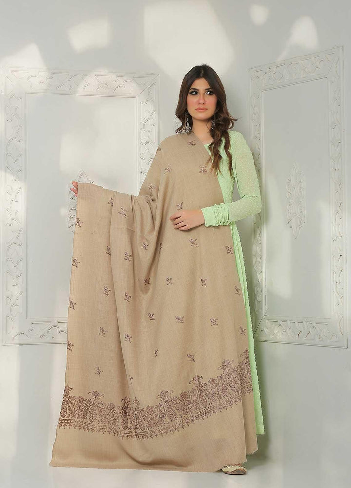 Sanaulla Exclusive Range Embroidered Pashmina  Shawl AKP-38 Brown-2 - Pashmina Shawls