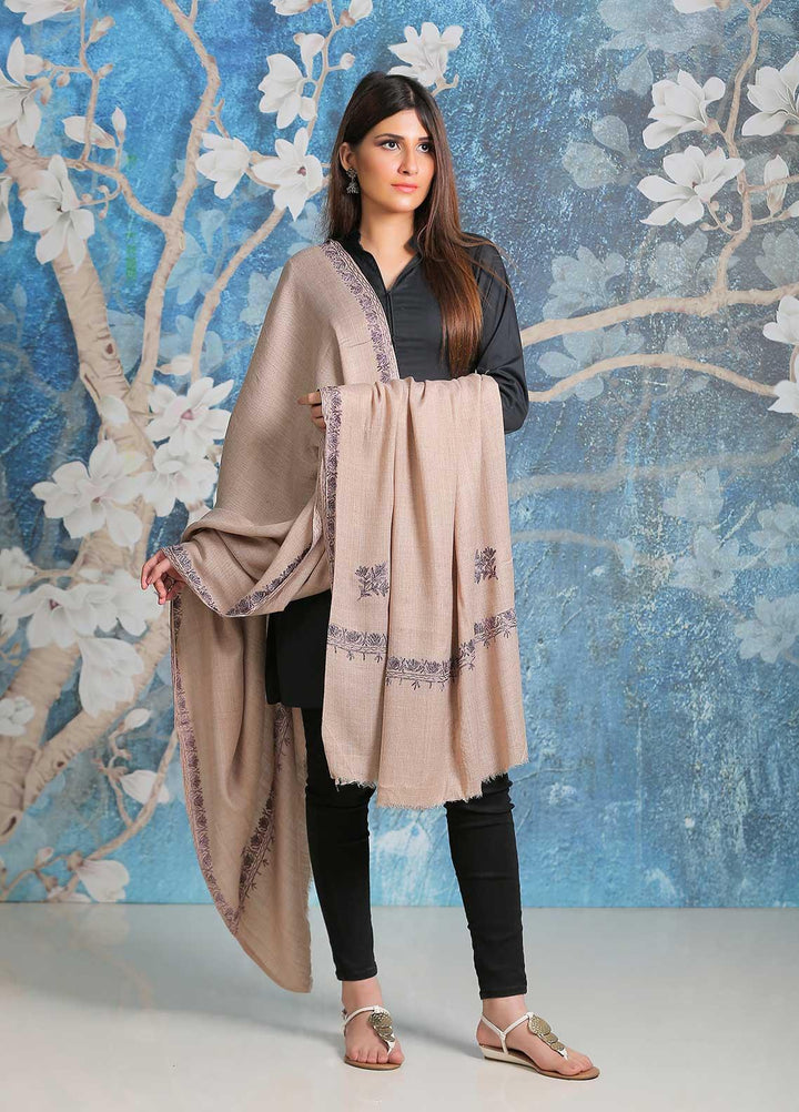 Sanaulla Exclusive Range Embroidered Pashmina  Shawl SU21PP AKP-39 Beige-3 - Pure Pashmina Shawls