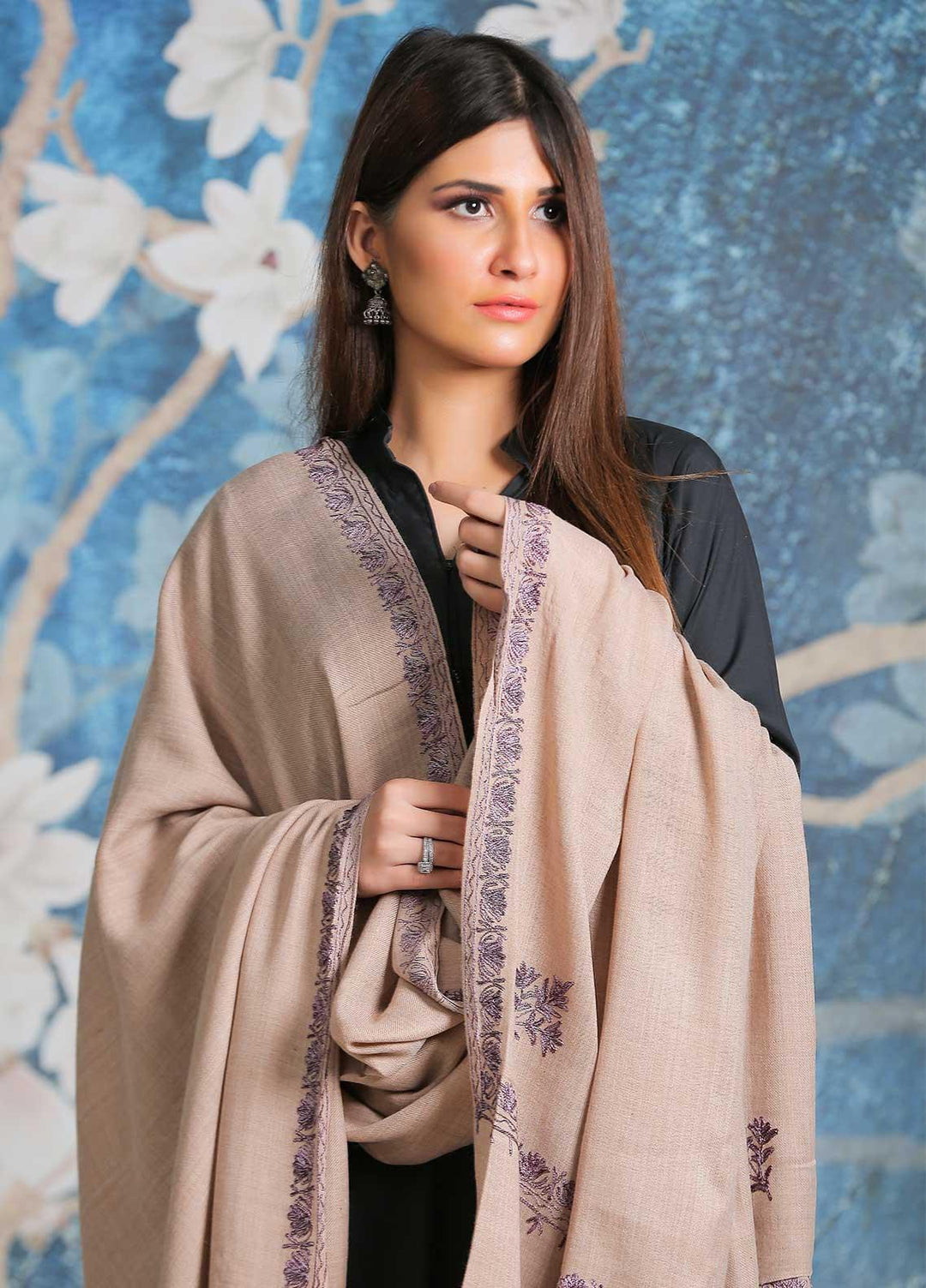 Sanaulla Exclusive Range Embroidered Pashmina  Shawl SU21PP AKP-39 Beige-3 - Pure Pashmina Shawls