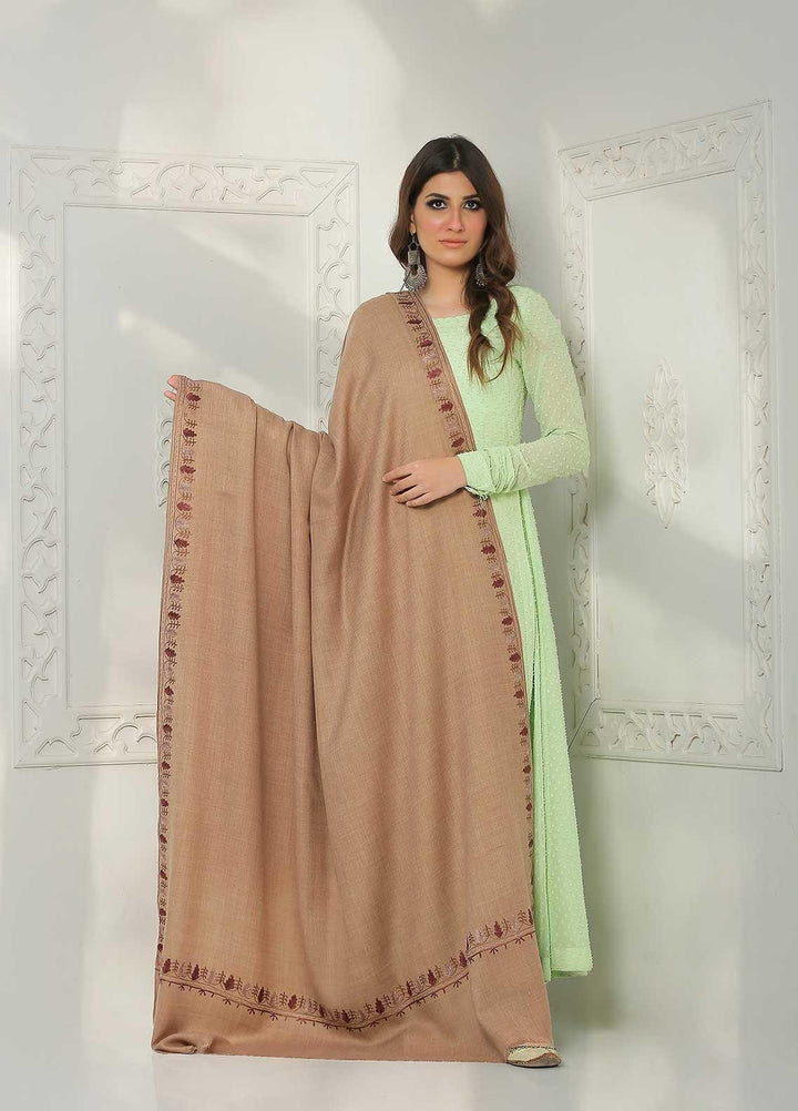 Sanaulla Exclusive Range Embroidered Pashmina  Shawl AKP-39 Brown-2 - Pashmina Shawls
