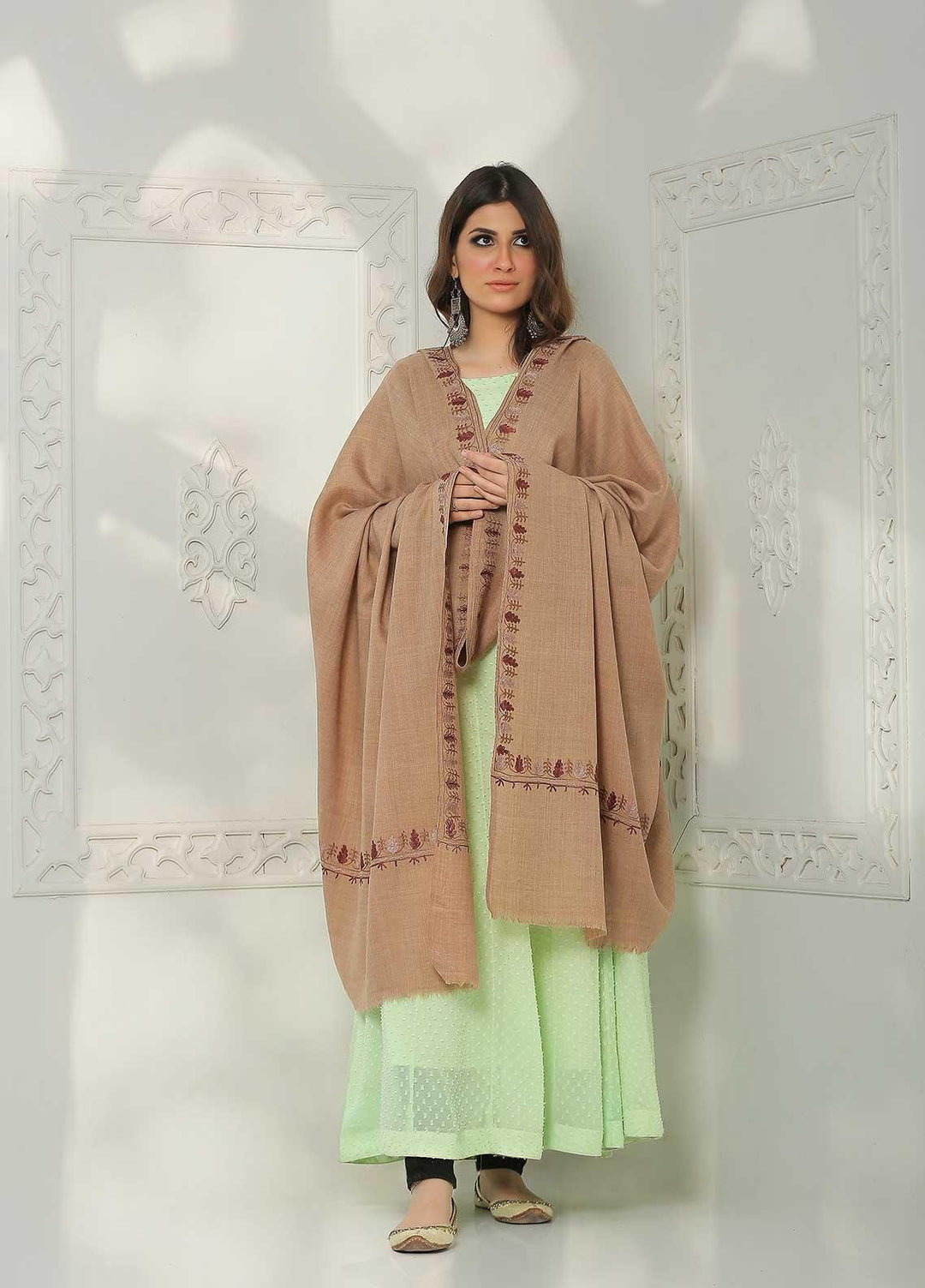 Sanaulla Exclusive Range Embroidered Pashmina  Shawl AKP-39 Brown-2 - Pashmina Shawls