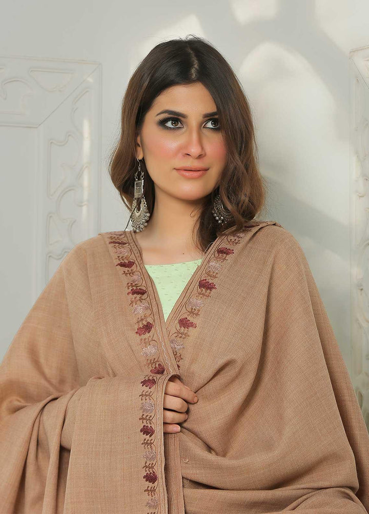 Sanaulla Exclusive Range Embroidered Pashmina  Shawl AKP-39 Brown-2 - Pashmina Shawls