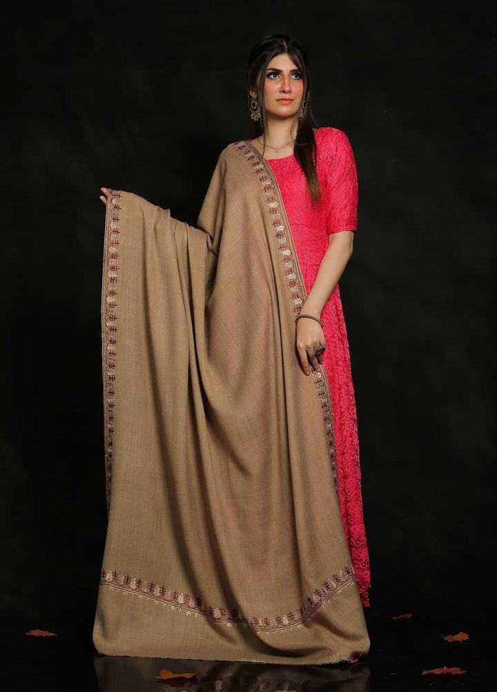 Sanaulla Exclusive Range Embroidered Pashmina  Shawl AKP-39 Brown-4 - Pashmina Shawls