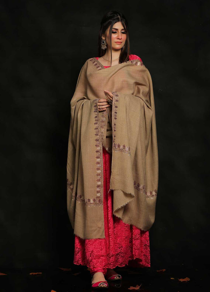 Sanaulla Exclusive Range Embroidered Pashmina  Shawl AKP-39 Brown-4 - Pashmina Shawls