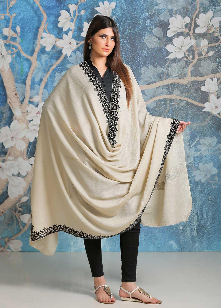 Sanaulla Exclusive Range Embroidered Pashmina  Shawl SU21PP AKP-40 Fawn-1 - Pure Pashmina Shawls