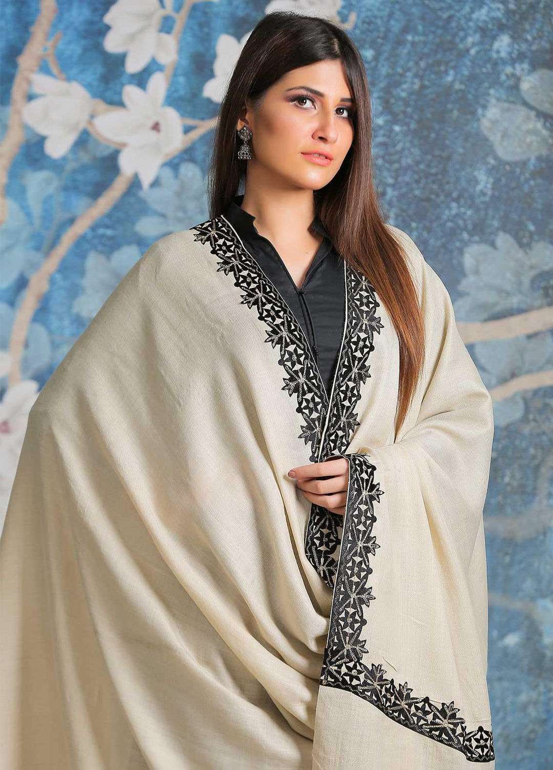 Sanaulla Exclusive Range Embroidered Pashmina  Shawl SU21PP AKP-40 Fawn-1 - Pure Pashmina Shawls
