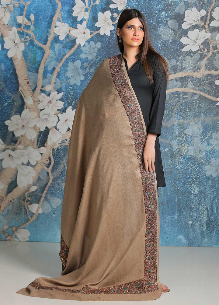 Sanaulla Exclusive Range Embroidered Pashmina  Shawl SU21PP AKP-41 Brown - Pure Pashmina Shawls
