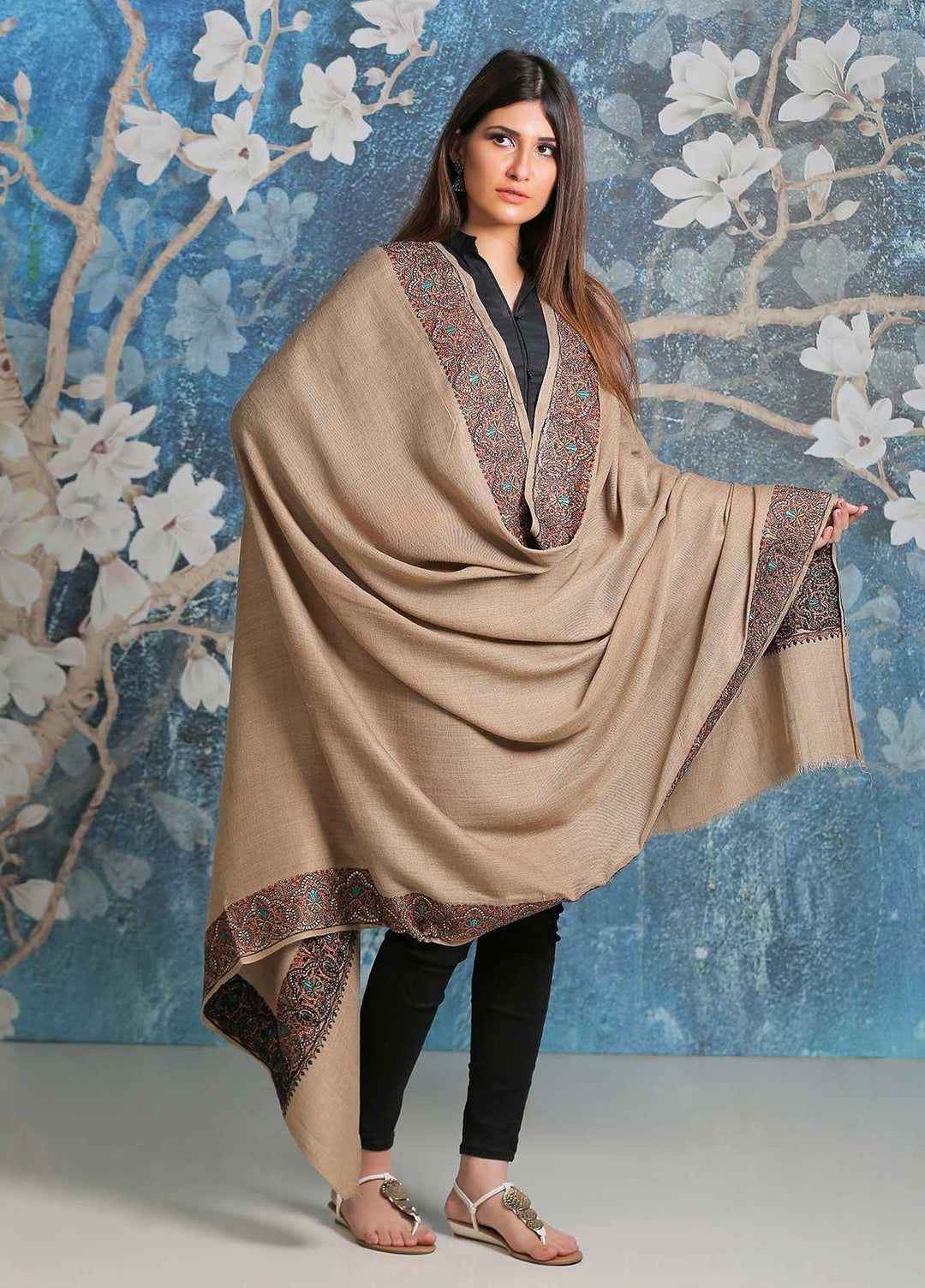 Sanaulla Exclusive Range Embroidered Pashmina  Shawl SU21PP AKP-41 Brown - Pure Pashmina Shawls