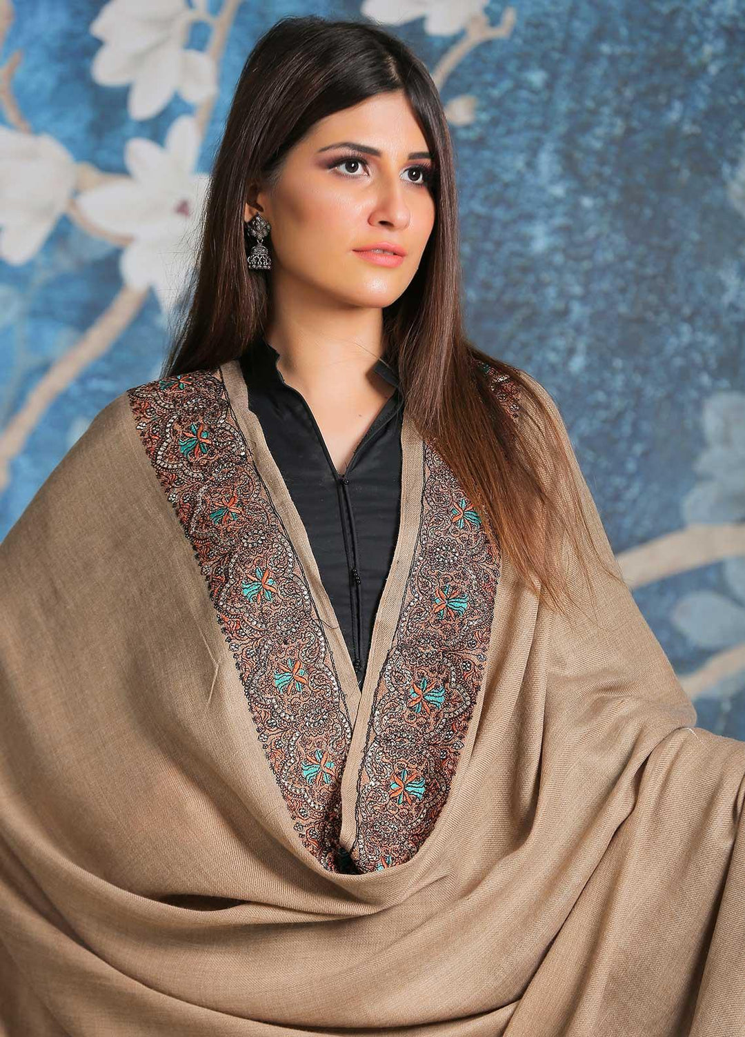 Sanaulla Exclusive Range Embroidered Pashmina  Shawl SU21PP AKP-41 Brown - Pure Pashmina Shawls