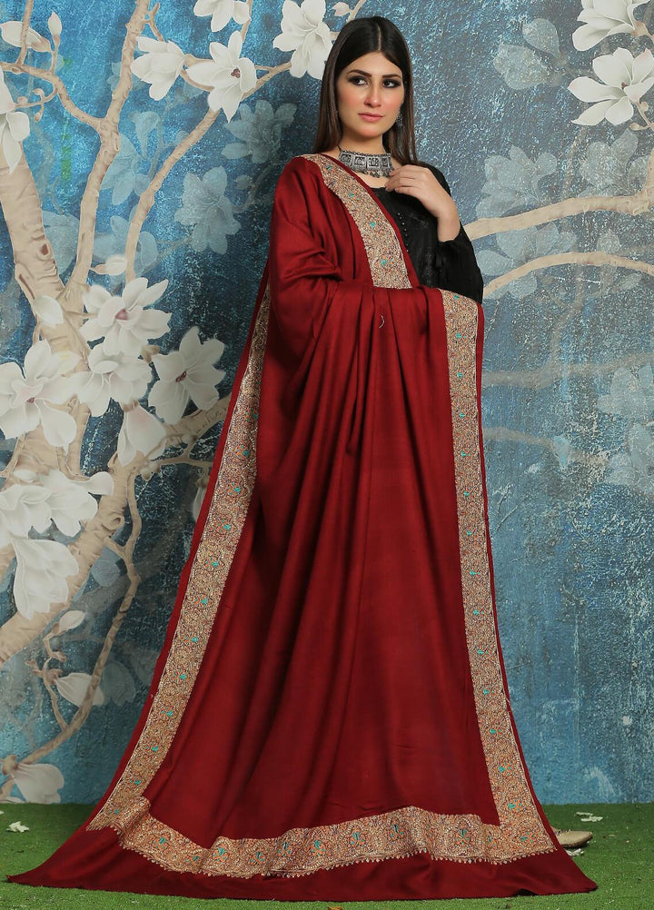 Sanaulla Exclusive Range Embroidered Pashmina  Shawl AKP-41 Maroon - Pashmina Shawls