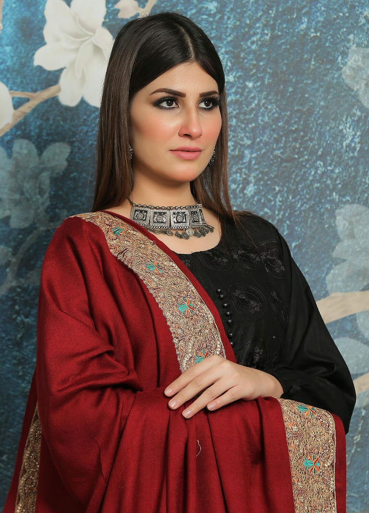 Sanaulla Exclusive Range Embroidered Pashmina  Shawl AKP-41 Maroon - Pashmina Shawls