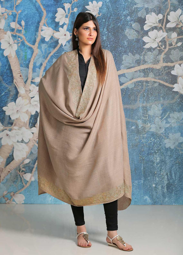 Sanaulla Exclusive Range Embroidered Pashmina  Shawl SU21PP AKP-42 Fawn - Pure Pashmina Shawls