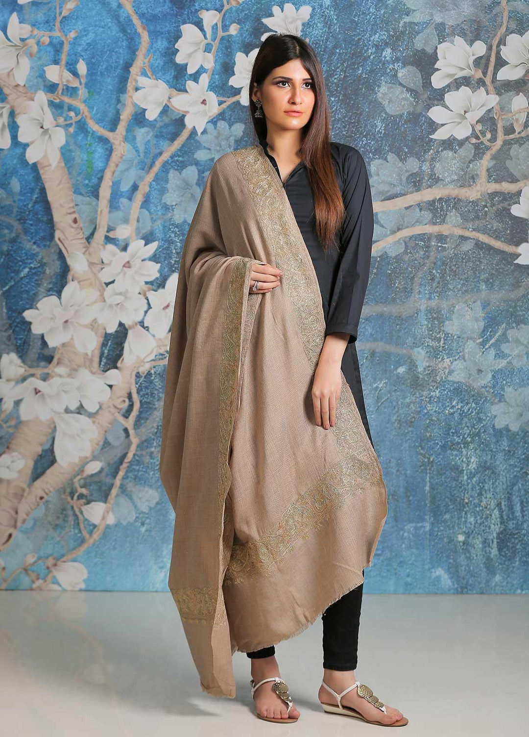 Sanaulla Exclusive Range Embroidered Pashmina  Shawl SU21PP AKP-42 Fawn - Pure Pashmina Shawls