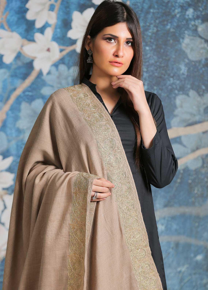 Sanaulla Exclusive Range Embroidered Pashmina  Shawl SU21PP AKP-42 Fawn - Pure Pashmina Shawls