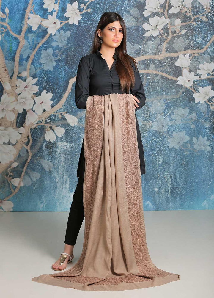 Sanaulla Exclusive Range Embroidered Pashmina  Shawl SU21PP AKP-43 Beige-1 - Pure Pashmina Shawls