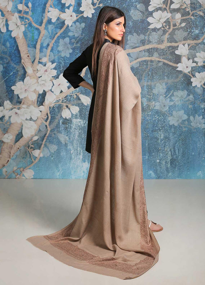 Sanaulla Exclusive Range Embroidered Pashmina  Shawl SU21PP AKP-43 Beige-1 - Pure Pashmina Shawls