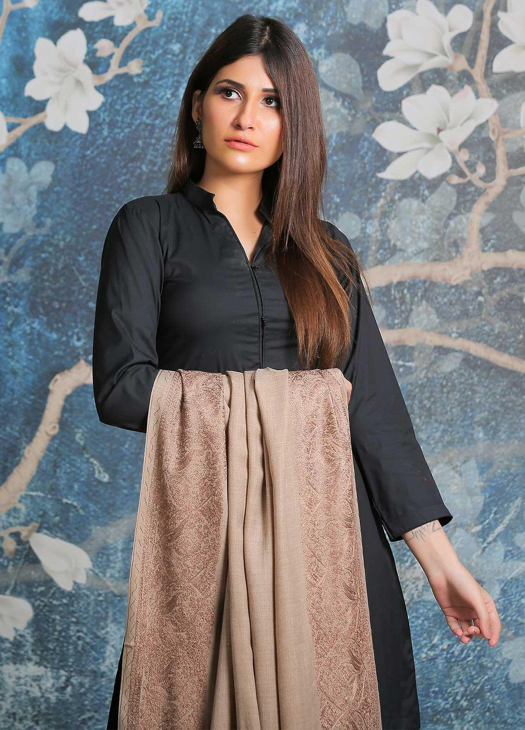 Sanaulla Exclusive Range Embroidered Pashmina  Shawl SU21PP AKP-43 Beige-1 - Pure Pashmina Shawls