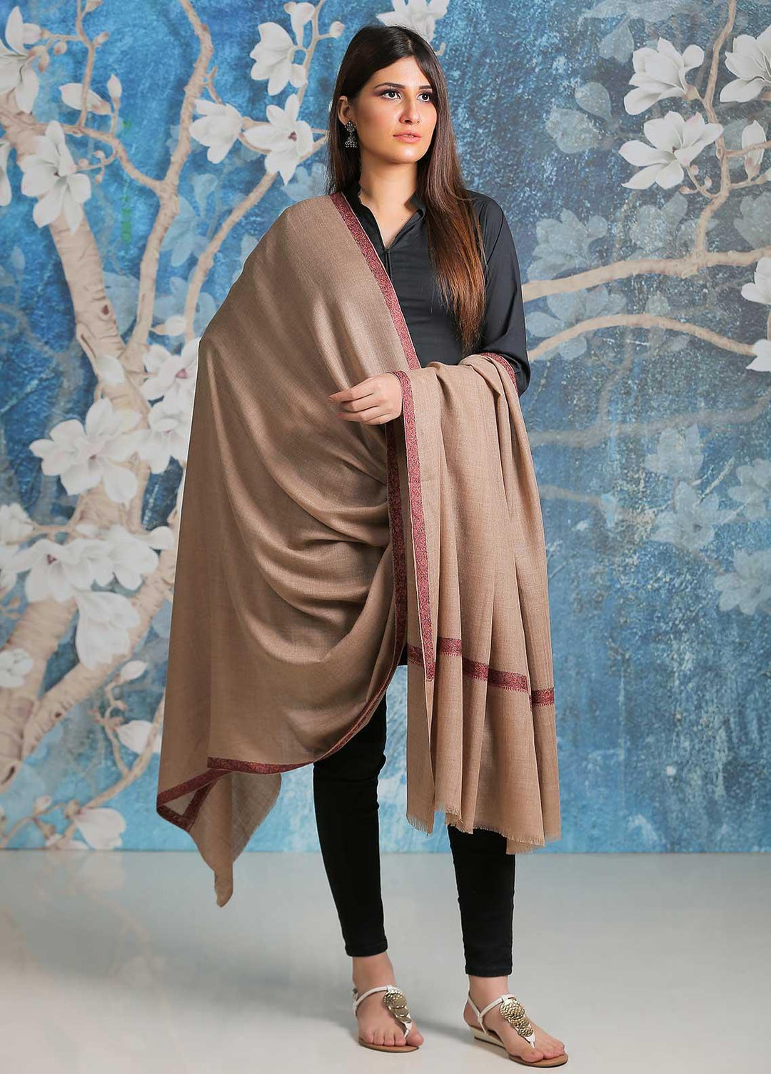 Sanaulla Exclusive Range  Pashmina  Shawl SU21PP AKP-44 Brown-1 - Pure Pashmina Shawls