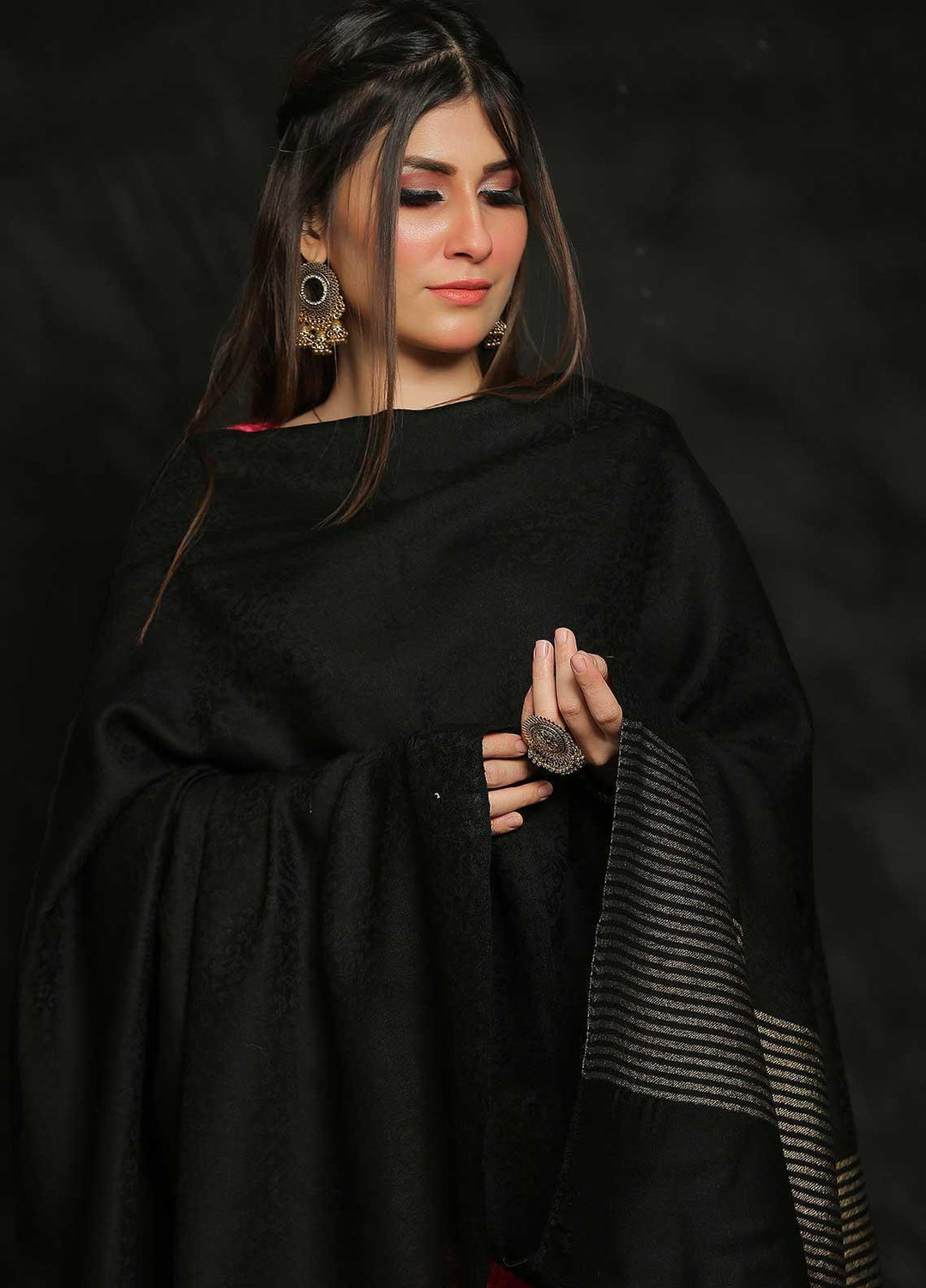 Sanaulla Exclusive Range Embroidered Pashmina  Shawl AKP-47 Black - Pashmina Shawls